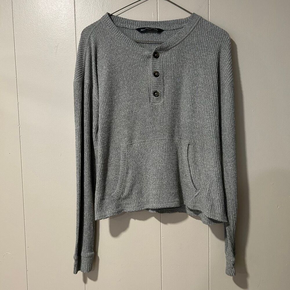 Abercrombie & Fitch Gray Waffle Knit Henley Top Size L Long Sleeve Pocket Pullov